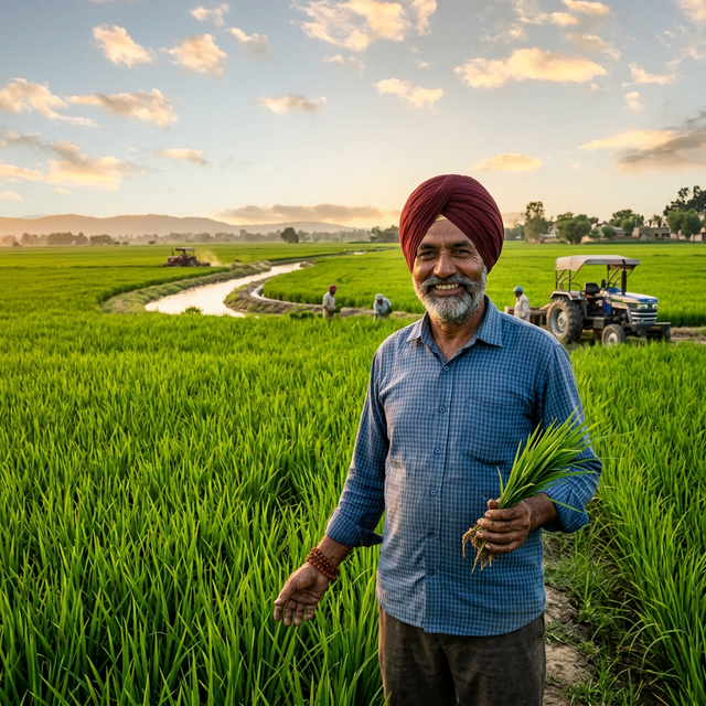 Happy Indian Farmer holding crops